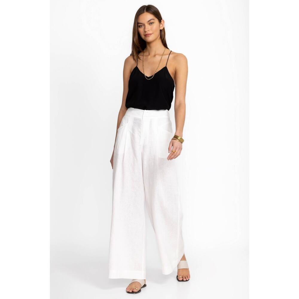 JOHNNY WAS Sz M Johnny Was Acantha Wide Leg Pleat Pant White Linen Embroidered